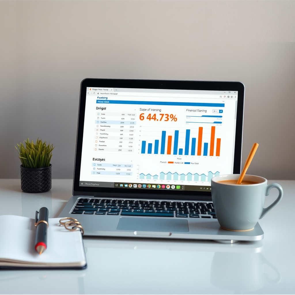 Ένας φορητός υπολογιστής που δείχνει γραφήματα προϋπολογισμού δίπλα σε ένα σημειωματάριο και έναν καφέ, συμβολίζοντας τον οικονομικό σχεδιασμό.