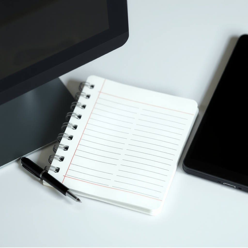 Ένα σημειωματάριο και ένα στυλό δίπλα σε έναν υπολογιστή, που συμβολίζουν την οργάνωση και τον καθημερινό προϋπολογισμό.