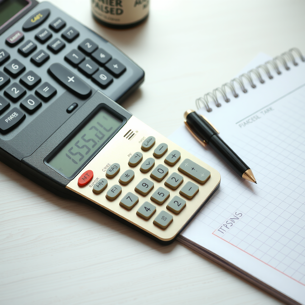 Ένα γραφείο με αριθμομηχανή, σημειωματάριο και στυλό, που συμβολίζει την οργάνωση των οικονομικών και τον καθημερινό προϋπολογισμό.