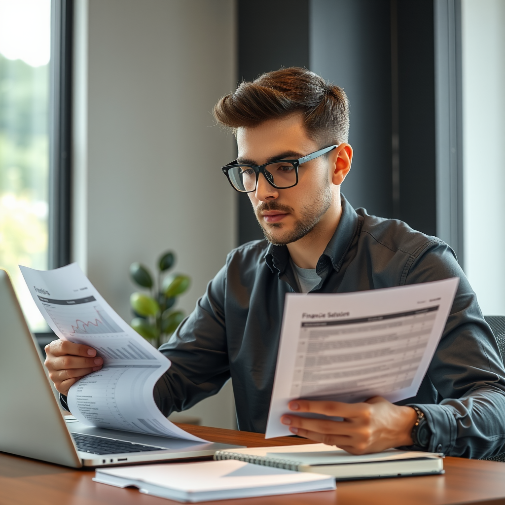 Άτομο που εξετάζει οικονομικές καταστάσεις σε ένα γραφείο με φορητό υπολογιστή και σημειωματάριο, εστιάζοντας στην καταγραφή εσόδων.