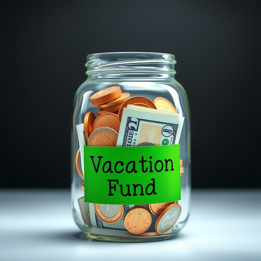 Ένα γυάλινο βάζο γεμάτο νομίσματα και χαρτονομίσματα, με μια πράσινη ετικέτα που γράφει 'Ταμείο Διακοπών', συμβολίζοντας την επίτευξη ενός αποταμιευτικού στόχου.