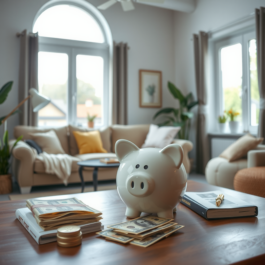 Ένα φωτεινό και οργανωμένο σαλόνι με έναν κουμπαρά σε σχήμα γουρουνιού σε ένα τραπέζι, που συμβολίζει την εξοικονόμηση χρημάτων στο σπίτι.
