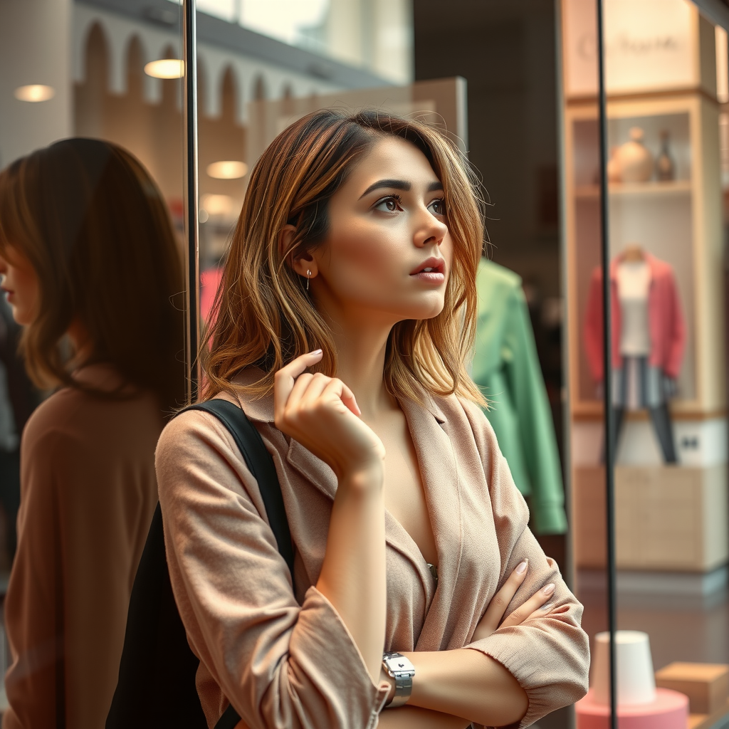 Μια γυναίκα στέκεται προβληματισμένη μπροστά από μια βιτρίνα καταστήματος, σκεπτόμενη μια πιθανή αγορά.