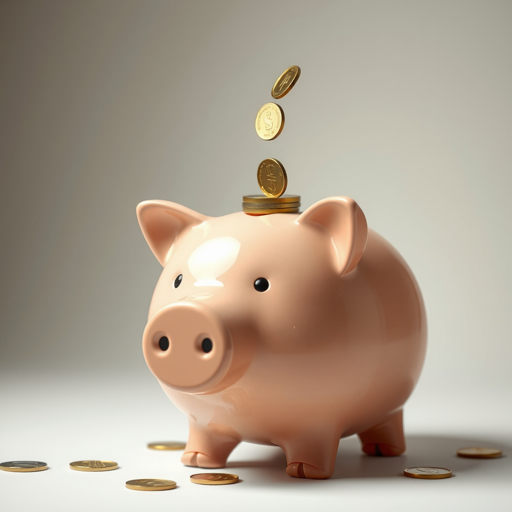 Ένας κουμπαράς σε σχήμα γουρουνιού με κέρματα να μπαίνουν μέσα, που αντιπροσωπεύει την αύξηση των αποταμιεύσεων.