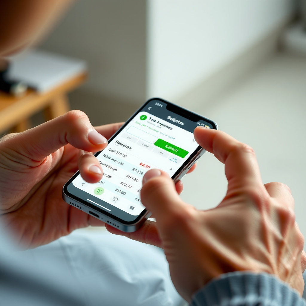 Κοντινό πλάνο σε χέρια που χρησιμοποιούν μια εφαρμογή προϋπολογισμού σε smartphone για την παρακολούθηση εξόδων.