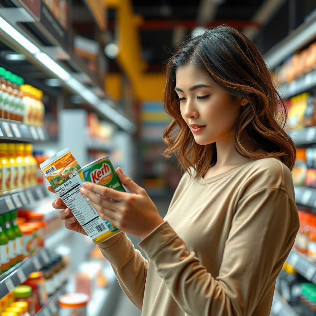Μια γυναίκα στο σούπερ μάρκετ που συγκρίνει τις ετικέτες δύο προϊόντων, κάνοντας μια συνειδητή επιλογή αγοράς.