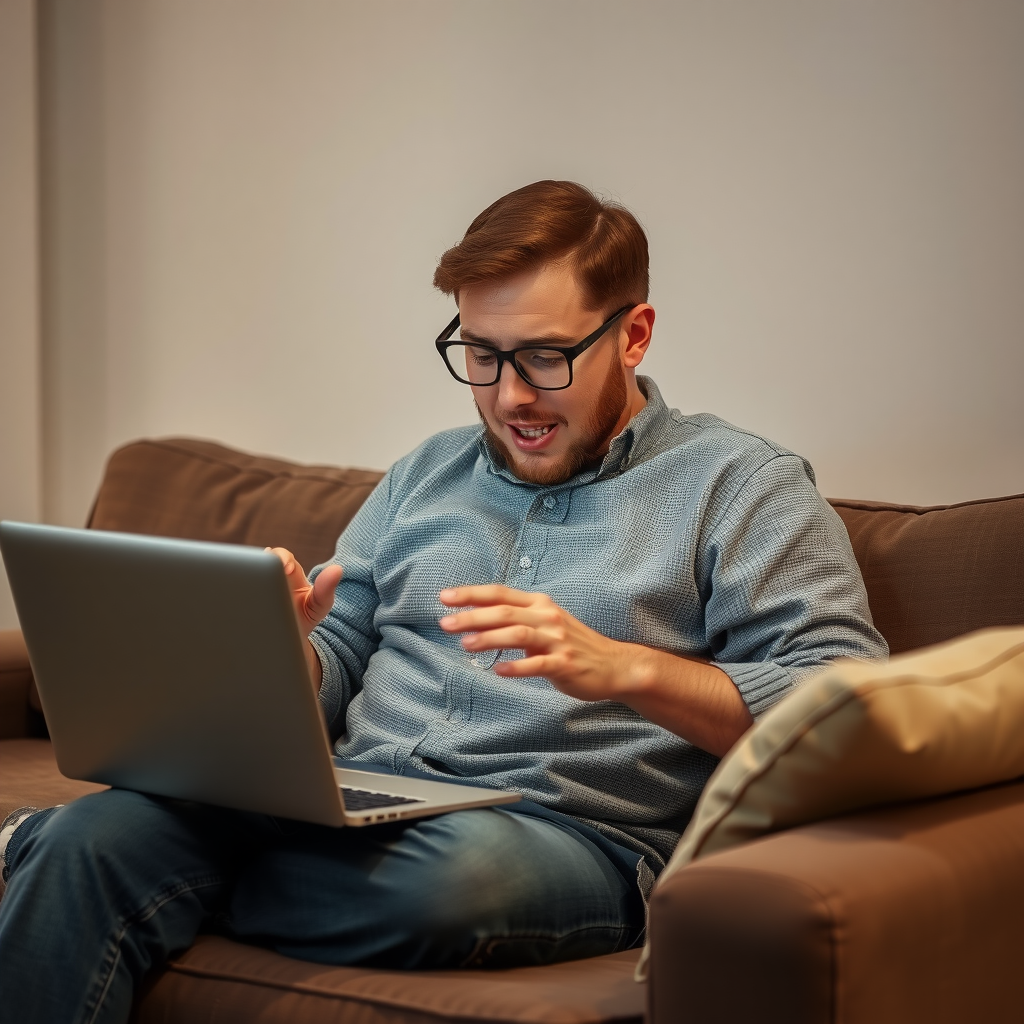 Ένας άνδρας κάθεται σε έναν καναπέ και περιηγείται σε ένα online κατάστημα από το laptop του, φανερά επηρεασμένος από το άγχος της ημέρας.