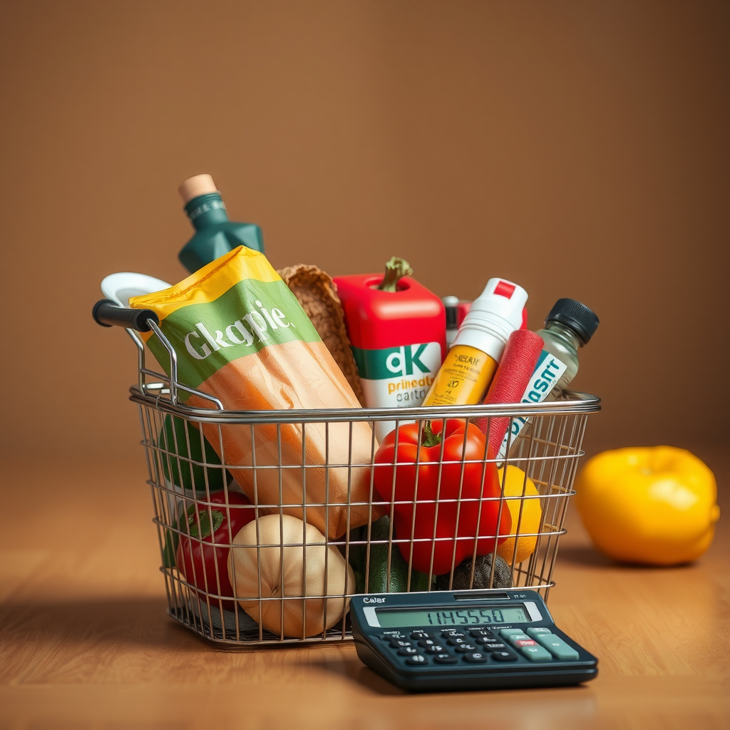Ένα καλάθι αγορών γεμάτο με είδη παντοπωλείου και μια αριθμομηχανή, που υποδηλώνει τον έλεγχο δαπανών.