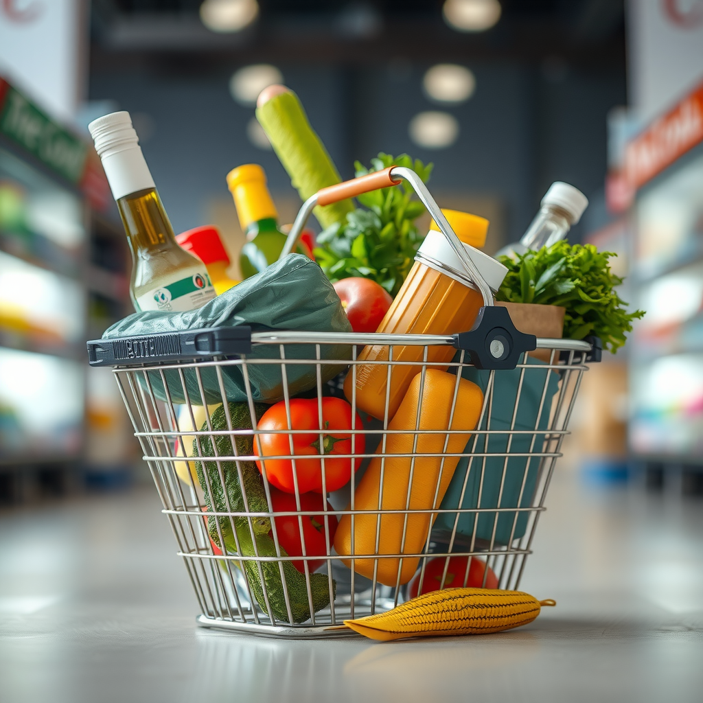 Ένα καλάθι αγορών γεμάτο με είδη παντοπωλείου, με έμφαση στον έλεγχο δαπανών και τις έξυπνες αγορές.