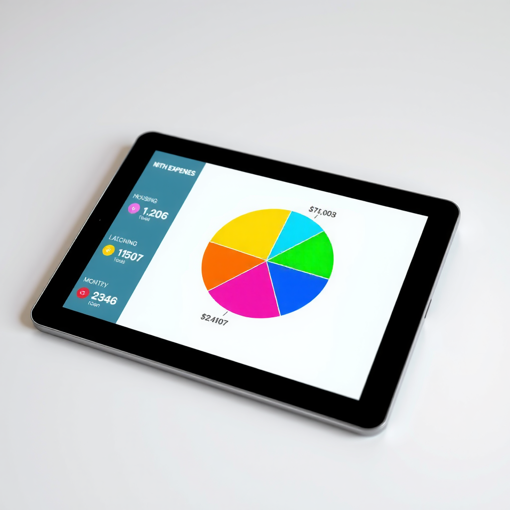 Ένα πολύχρωμο γράφημα πίτας σε μια οθόνη tablet που δείχνει την κατηγοριοποίηση των μηνιαίων δαπανών, όπως στέγαση, τρόφιμα και μεταφορές.