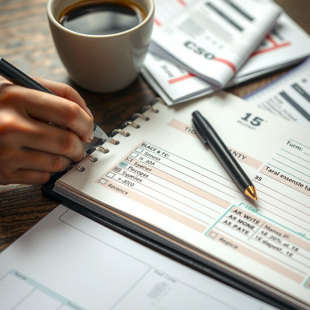 Κοντινό πλάνο σε ένα ημερολόγιο όπου κάποιος καταγράφει τα έξοδά του με στυλό. Δίπλα υπάρχουν αποδείξεις και ένας καφές.