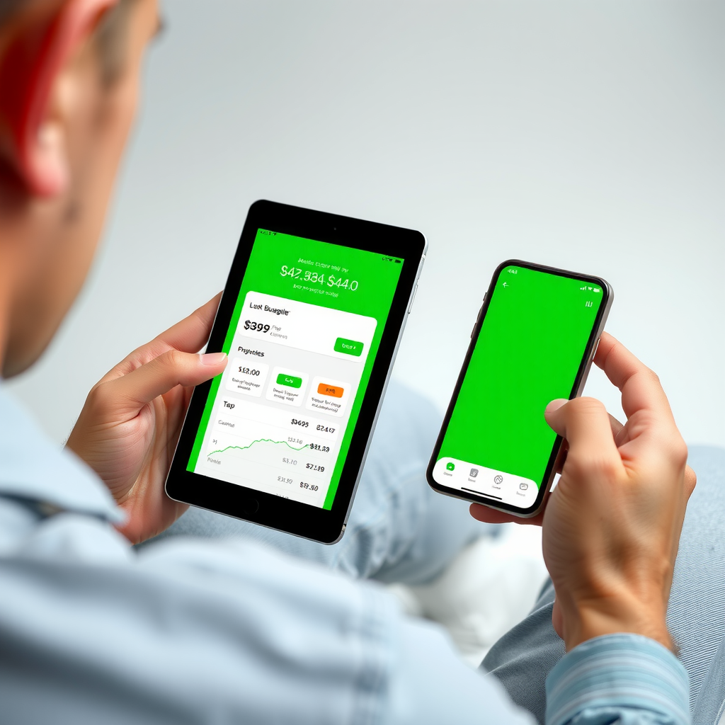 Άτομο που συγκρίνει δύο διαφορετικές εφαρμογές προϋπολογισμού σε tablet και τηλέφωνο για να κάνει την καλύτερη επιλογή για τις ανάγκες του.