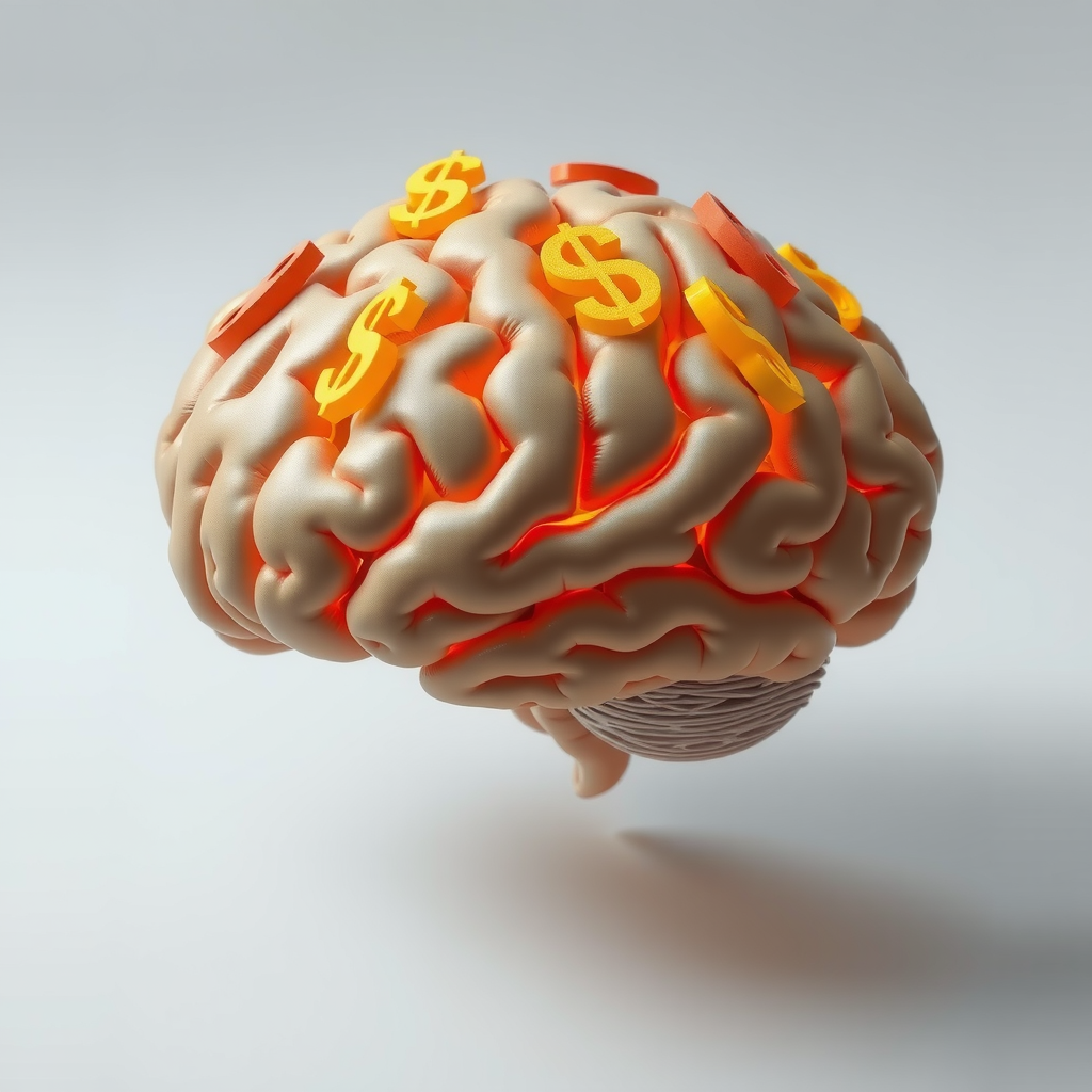 Μια εικόνα ενός εγκεφάλου με σύμβολα νομισμάτων, που απεικονίζει τη ψυχολογία πίσω από τις οικονομικές αποφάσεις.