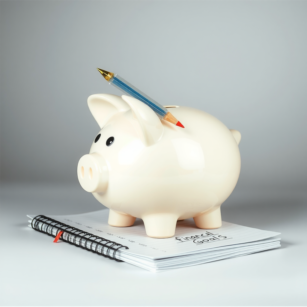 Ένας κουμπαράς σε σχήμα γουρουνιού δίπλα σε ένα σημειωματάριο με γραμμένους οικονομικούς στόχους, συμβολίζοντας την αποταμίευση για το μέλλον.
