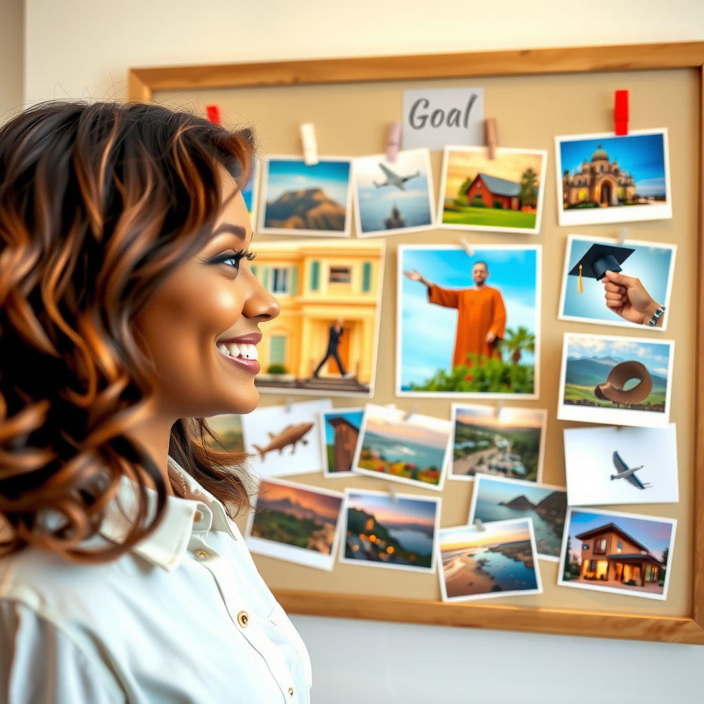 Μια γυναίκα χαμογελά κοιτάζοντας έναν πίνακα οραματισμού γεμάτο με φωτογραφίες από ταξιδιωτικούς προορισμούς, ένα σπίτι και ένα δίπλωμα, συμβολίζοντας τους οικονομικούς της στόχους.