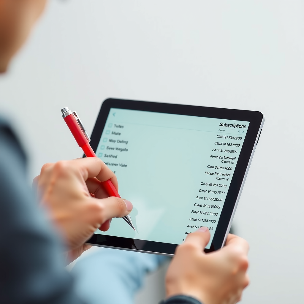 Ένα άτομο που κοιτάζει μια λίστα συνδρομών σε ένα tablet, με ένα κόκκινο στυλό έτοιμο να διαγράψει τις περιττές.