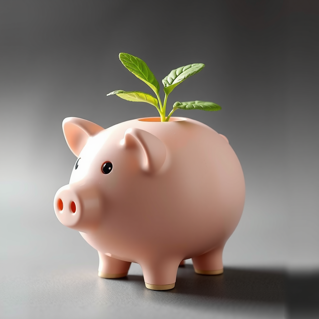 Ένας κουμπαράς σε σχήμα γουρουνιού από τον οποίο φυτρώνει ένα μικρό πράσινο φυτό, συμβολίζοντας την οικονομική ανάπτυξη και την αποταμίευση.