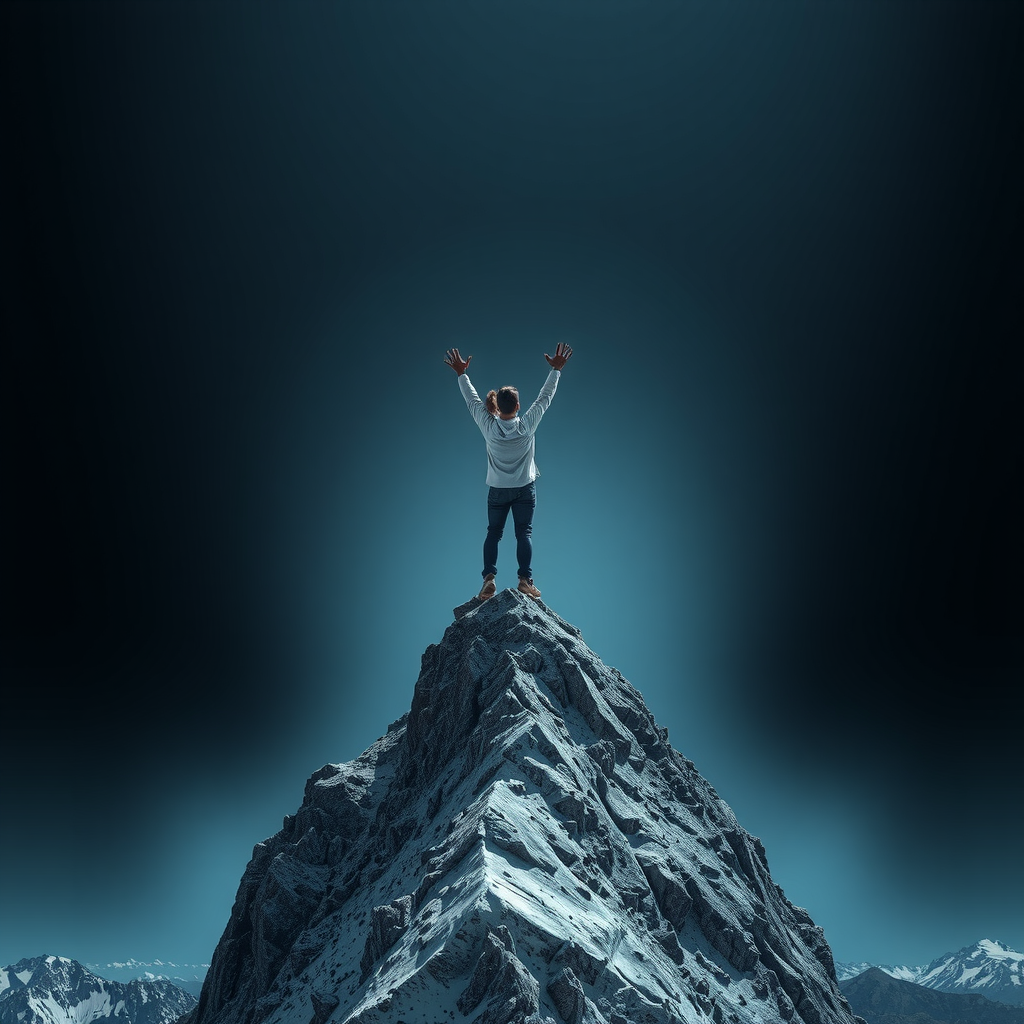 Ένα άτομο στέκεται με αυτοπεποίθηση σε μια κορυφή, συμβολίζοντας την ενδυνάμωση και την επίτευξη στόχων.